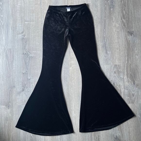 Vtg 90s Y2K Black Velvet Stretchy Bellbottom Leggings Sz M Whimsigoth USA Made - Picture 1 of 7